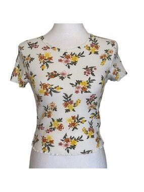 Cotton On Women’s Top Waffle Knit White Yellow Floral Sz S/P Short Sleeve Casual